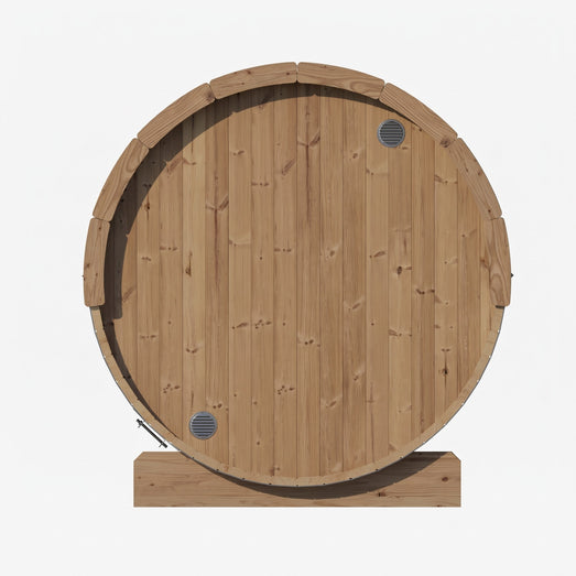 SaunaLife E6 barrel sauna rear elevation showing solid wall and round vents