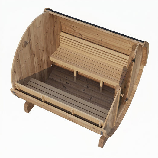 SaunaLife E7 barrel sauna overhead cutaway showing bench seating and floor decking