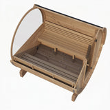 SaunaLife E7 barrel sauna cutaway showing slatted bench and floor layout inside