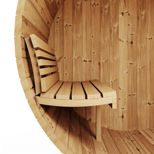 SaunaLife E7 sauna close-up of contoured ergonomic backrest bench against barrel wall