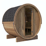 SaunaLife E7 outdoor barrel sauna front three-quarter view with glass door and shingled roof