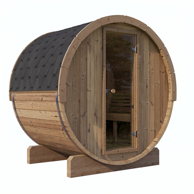SaunaLife E7 outdoor barrel sauna front three-quarter view with glass door and shingled roof