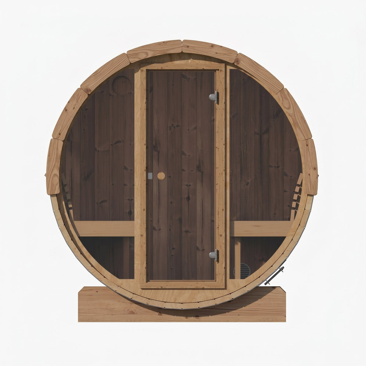 SaunaLife E7 barrel sauna head-on front view with solid wood door closed