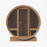 SaunaLife E7 barrel sauna head-on front view with solid wood door closed