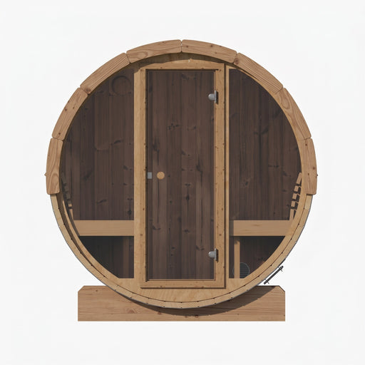 SaunaLife E7 barrel sauna head-on front view with solid wood door closed