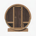 SaunaLife E7 barrel sauna head-on front view with solid wood door closed