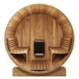 SaunaLife E7 sauna interior front view showing heater between two ergonomic backrest benches