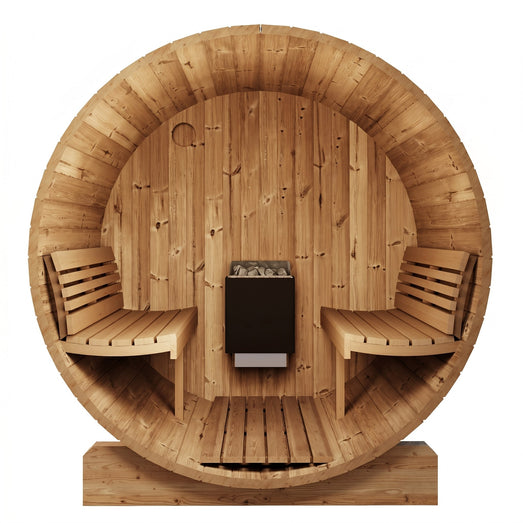 SaunaLife E7 sauna interior front view showing heater between two ergonomic backrest benches