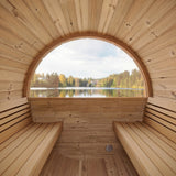 SaunaLife E7 sauna interior benches facing panoramic rear window over a lake