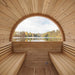 SaunaLife E7 sauna interior benches facing panoramic rear window over a lake