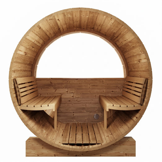 SaunaLife E7 sauna interior front view with open rear window and curved benches