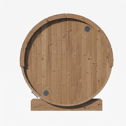 SaunaLife E7 barrel sauna rear exterior view of solid wood wall with two vents