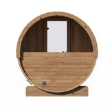 SaunaLife E7 barrel sauna rear exterior view with panoramic window and air vents