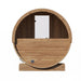 SaunaLife E7 barrel sauna rear exterior view with panoramic window and air vents