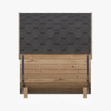 SaunaLife E7 barrel sauna detail of hexagonal asphalt shingle roof and steel bands