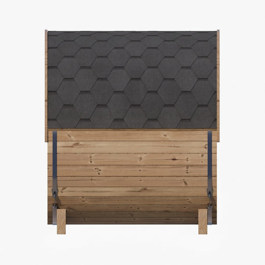 SaunaLife E7 barrel sauna detail of hexagonal asphalt shingle roof and steel bands