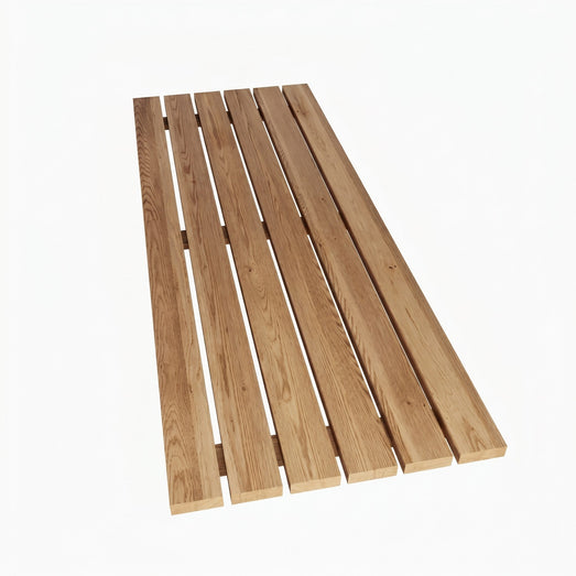 SaunaLife E8 floor kit angled view showing slatted wood floor planks