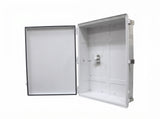 SaunaLife waterproof electrical enclosure shown open with interior mounting plate