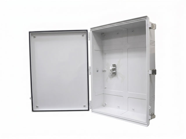 SaunaLife Model 301 waterproof equipment enclosure shown open with mounting plate