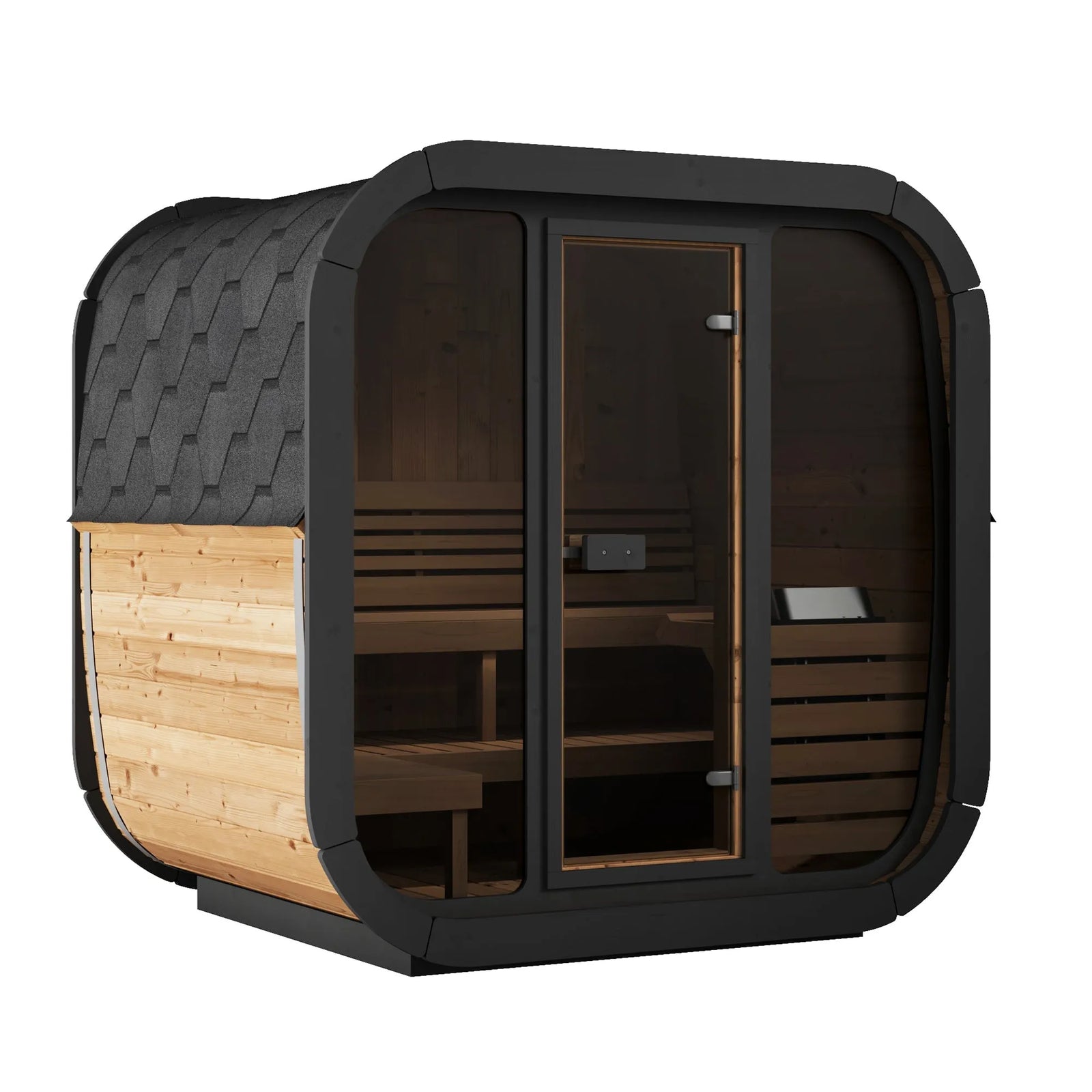 SaunaLife CL5G 4-person outdoor cube sauna with glass front