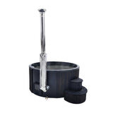 SaunaLife S4 black wood-fired hot tub with chimney and steps on a white studio background