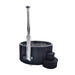 SaunaLife S4 black wood-fired hot tub with chimney and steps on a white studio background