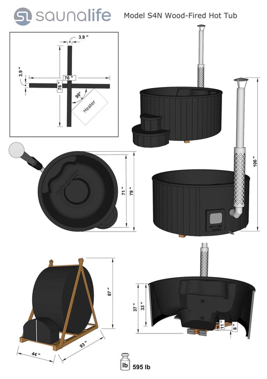 SaunaLife S4N hot tub spec sheet with measured multi-view dimension drawings and weight