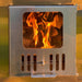 SaunaLife S4 hot tub heater firebox close-up with roaring flames and vented door