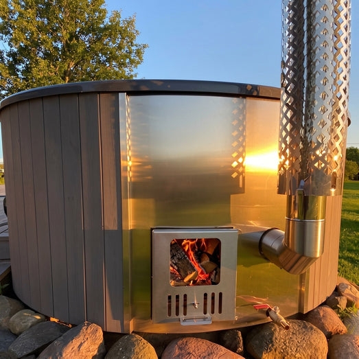 SaunaLife S4 hot tub stainless heater firebox burning logs against a sunset sky
