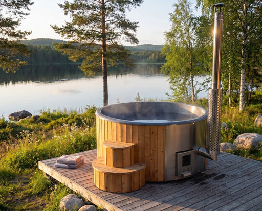 SaunaLife S4 hot tub steaming on a lakeside deck at golden hour with forest backdrop