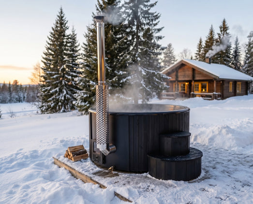 SaunaLife S4 black hot tub steaming in snow at dusk beside a log cabin