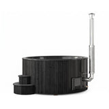 SaunaLife S6 black hot tub showing external wood stove and chimney