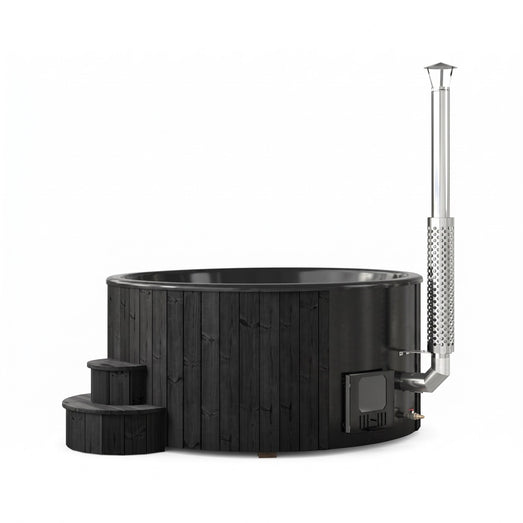 SaunaLife S6 black hot tub showing external wood stove and chimney