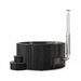 SaunaLife S6 black hot tub showing external wood stove and chimney