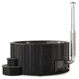 SaunaLife S6 hot tub in black wood finish with steps and chimney