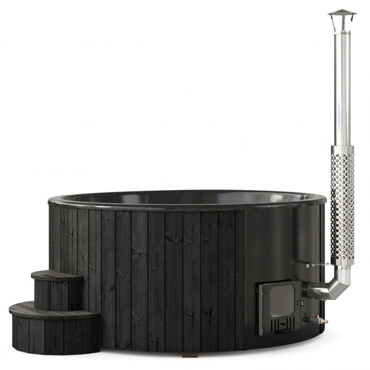 SaunaLife S6 hot tub in black wood finish with steps and chimney