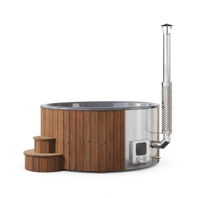 SaunaLife S6 wood-burning hot tub in natural wood with steps and chimney