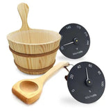 SaunaLife spa set with rustic bucket, ladle and round thermometer and hygrometer dials