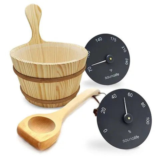 SaunaLife spa set with rustic bucket, ladle and round thermometer and hygrometer dials