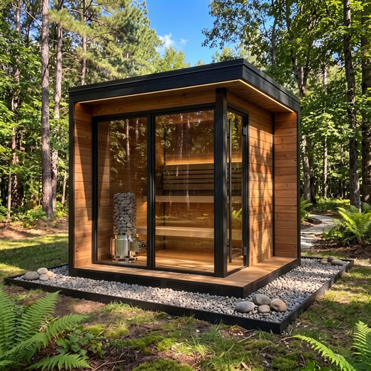 Glass-front outdoor sauna cabin heated by a SaunaLife Titan SL1 gas sauna heater