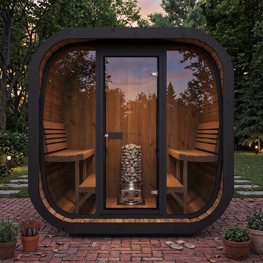 Square outdoor pod sauna with a SaunaLife Titan SL1 heater visible through the glass door