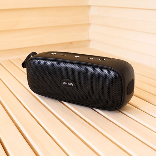 SaunaLife Verse speaker standing on a sauna bench