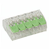 Clear five-port lever wire connector with green clamps included with the SaunaLumin bench set