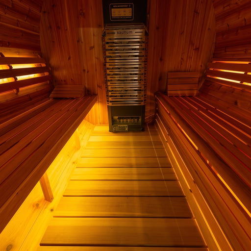 SaunaLumin double bench set lighting a cedar sauna interior with warm amber under-bench glow
