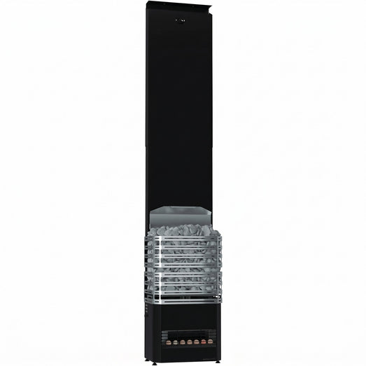 Saunum Air 7 black sauna heater with tall climate equalizer tower, front view
