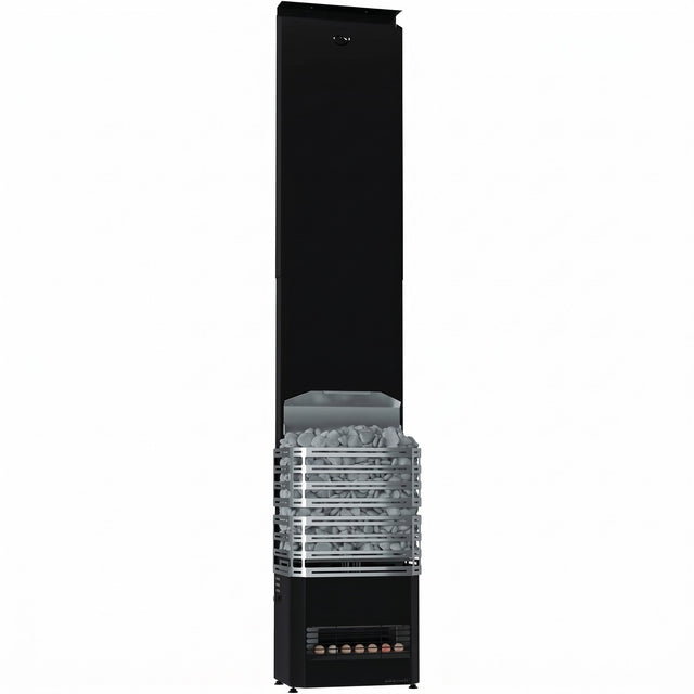 Saunum Air 7 black sauna heater with tall climate equalizer tower, front view