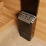 Saunum Air 7 sauna heater viewed from above in a light wood corner