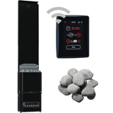 Saunum Air package layout with black heater, WiFi controller display and sauna stones
