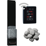 Saunum Air package showing black heater, WiFi touchscreen controller and sauna stones