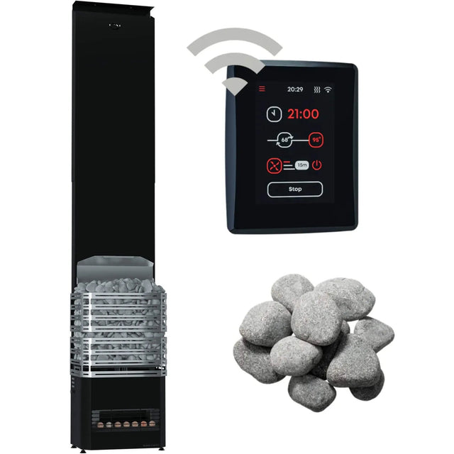 Saunum Air package showing black heater, WiFi touchscreen controller and sauna stones